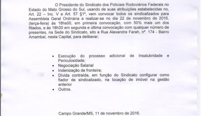 Edital de Convocação para Assembleia Ordinária 22/11/2016