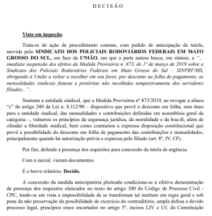 JUSTIÇA PROFERE DECISÃO A FAVOR DO SINPRF/MS.