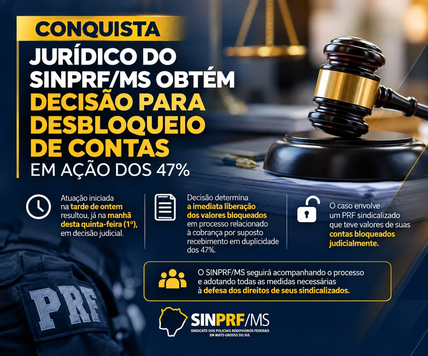 Jurídico do SINPRF/MS obtém decisão para desbloqueio de contas de sindicalizado em ação dos 47%