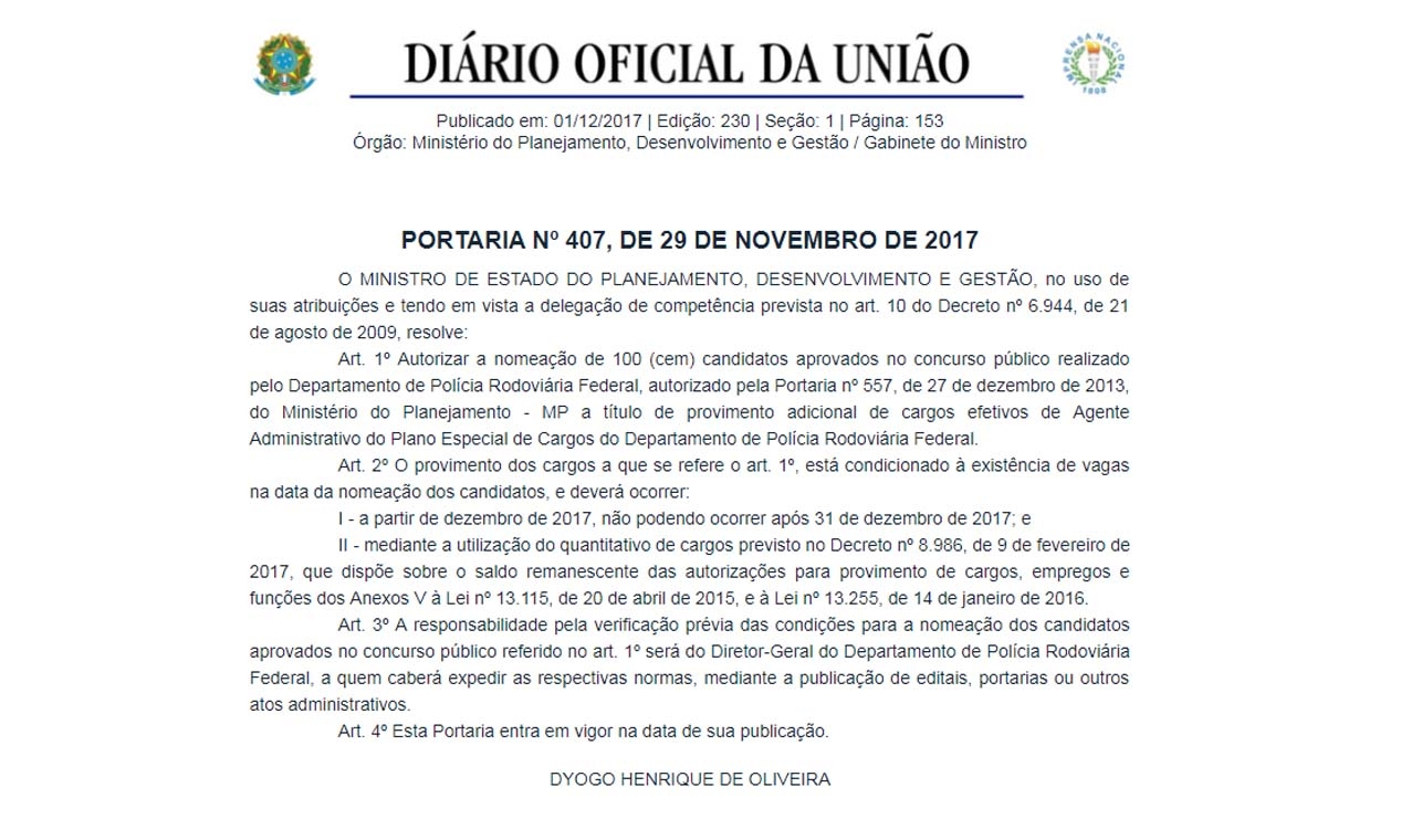 PRF divulga Portaria autorizando convocação de 100 candidatos de Agente Administrativo